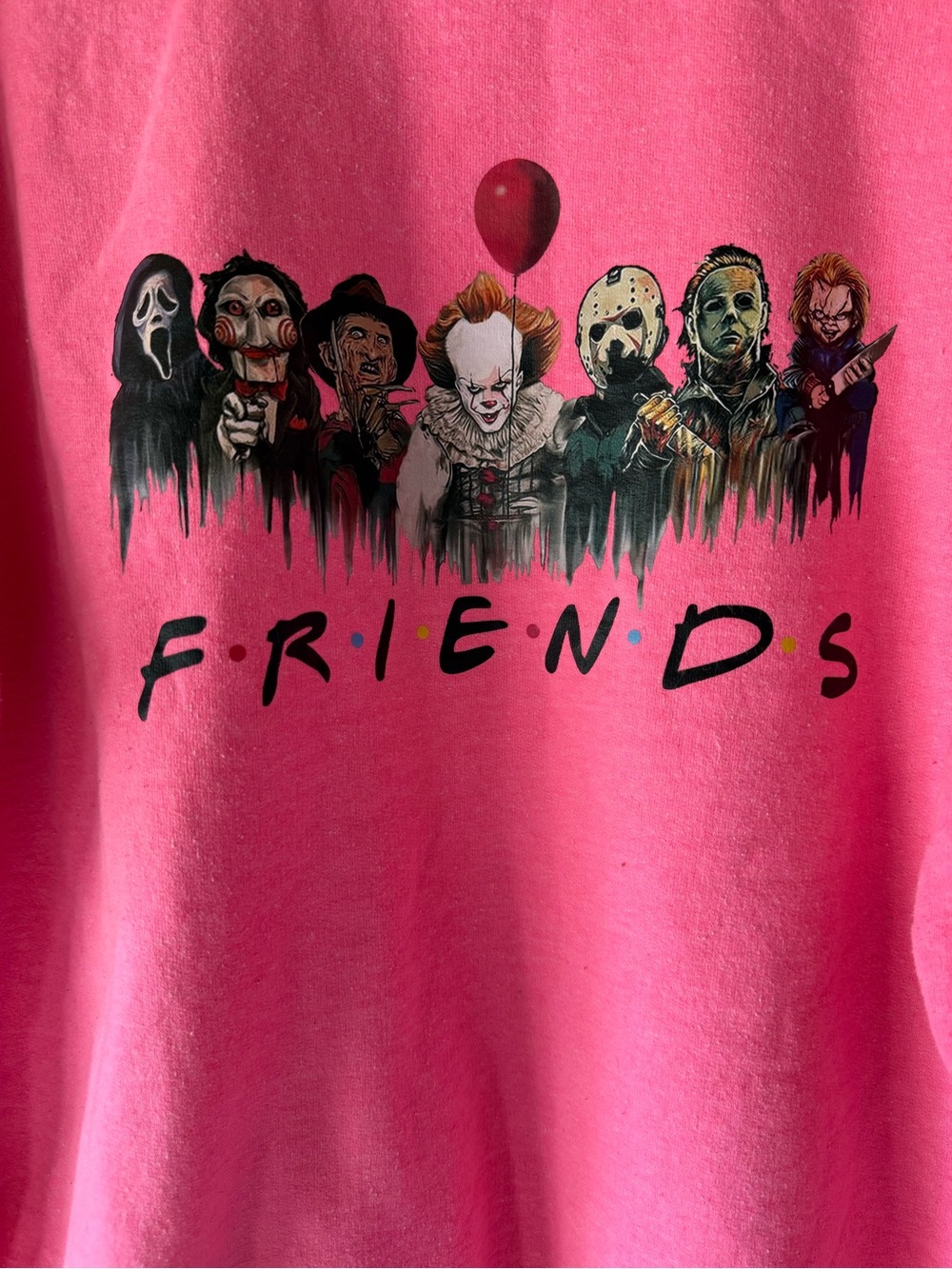 Pink Graphic Crewneck Sweater with Horror Characters